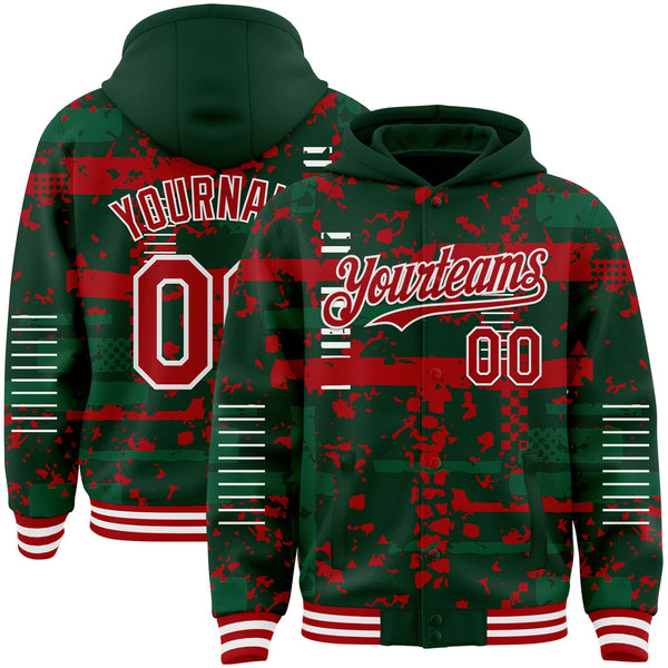Custom Green Red Kelly Green-White Abstract Fragment Shape Bomber Full-Snap Varsity Letterman Hoodie Jacket