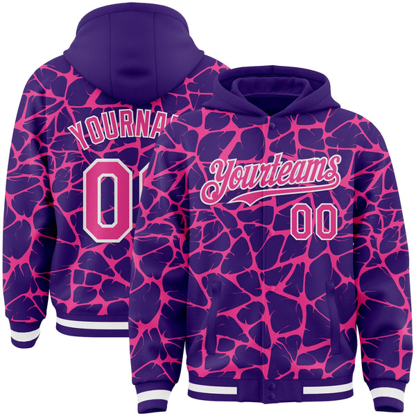 Custom Purple Pink-White Abstract Network Bomber Full-Snap Varsity Letterman Hoodie Jacket