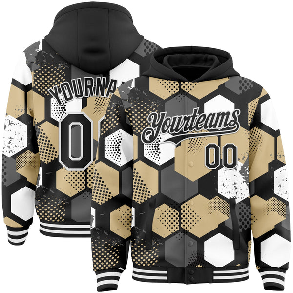 Custom Black Vegas Gold-White Geometric Shape Bomber Full-Snap Varsity Letterman Hoodie Jacket