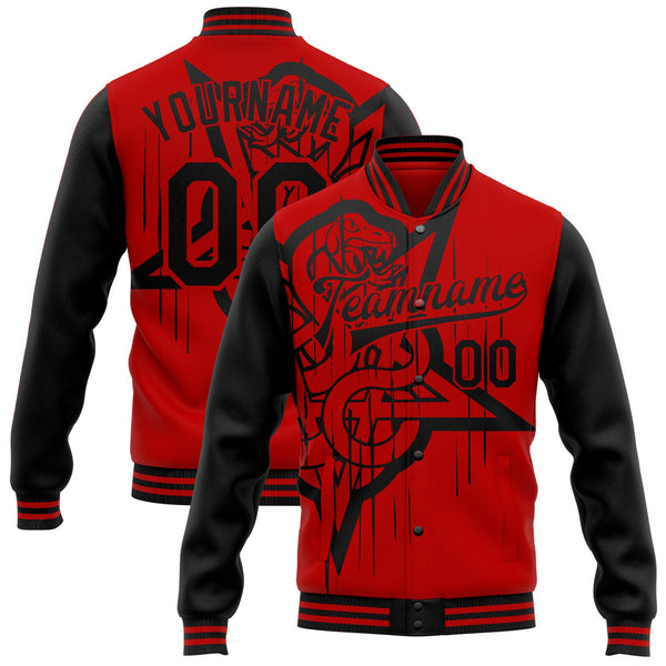 Custom Red Black Gothic Snake Grunge Bomber Full-Snap Varsity Letterman Jacket