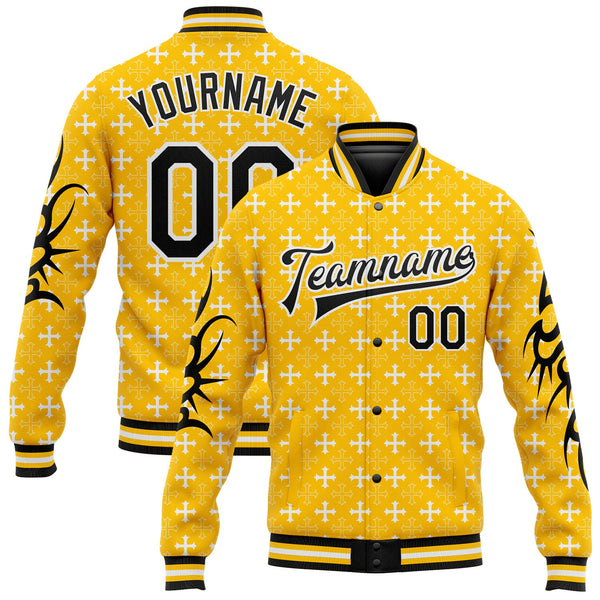 Custom Gold Black-White Gothic Crosses Bomber Full-Snap Varsity Letterman Jacket