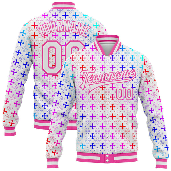 Custom White Pink Gothic Gradient Crosses Bomber Full-Snap Varsity Letterman Jacket