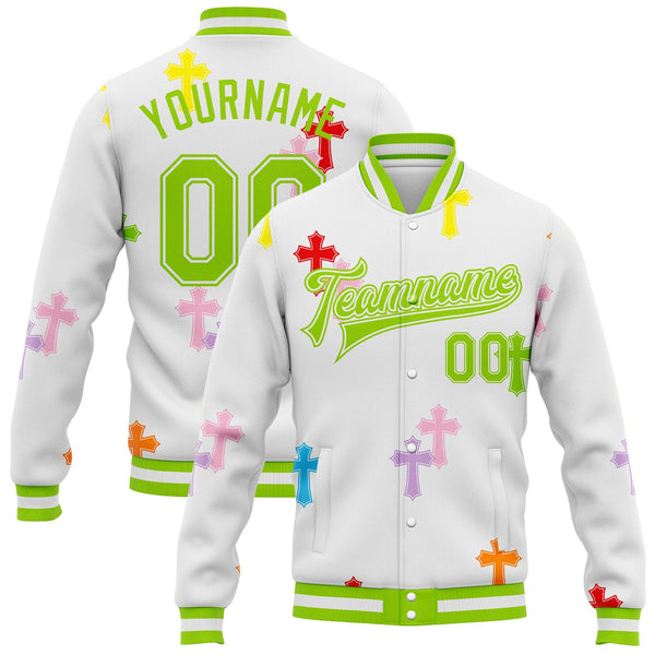 Custom White Neon Green Gothic Crosses Bomber Full-Snap Varsity Letterman Jacket