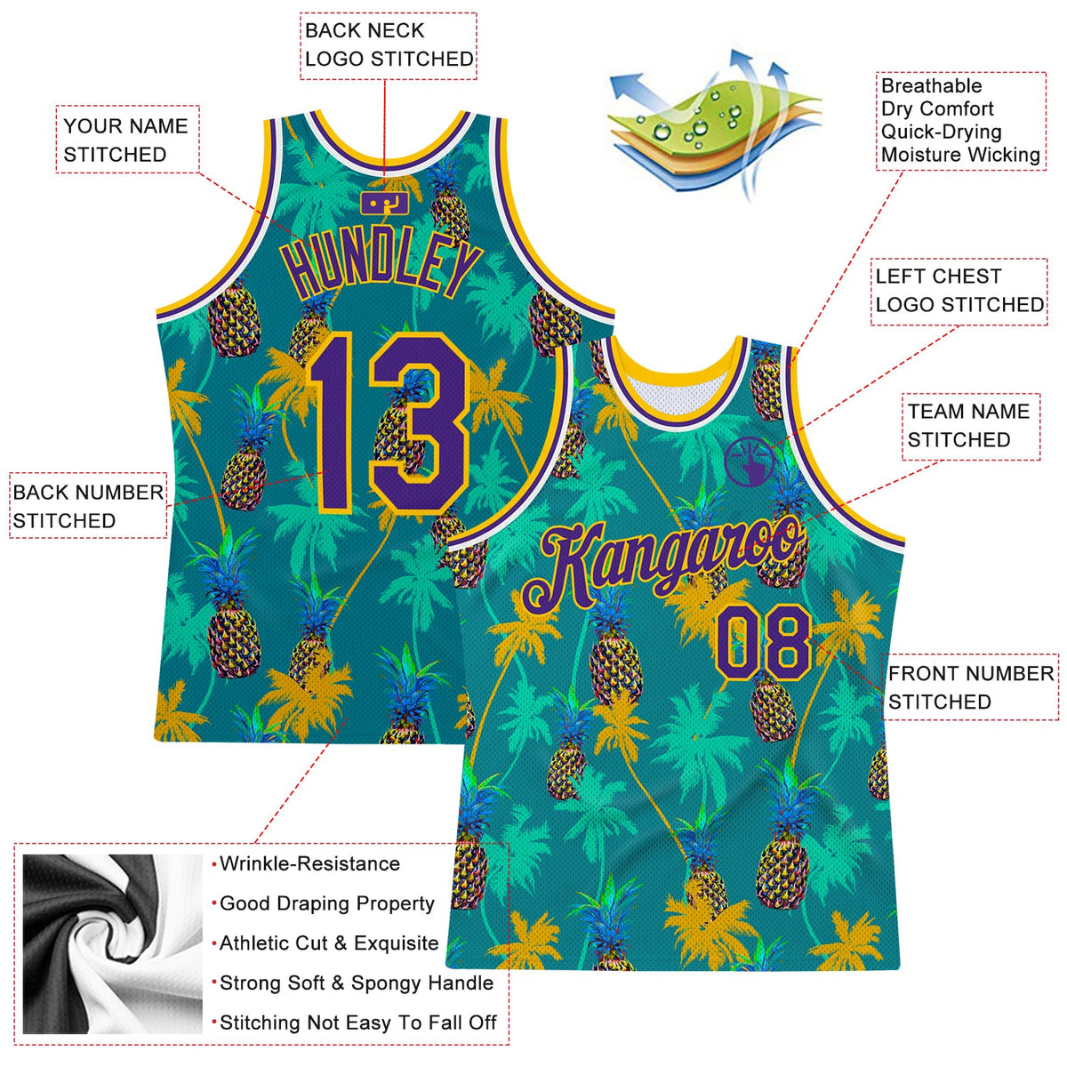 Custom Kelly Green Purple-Gold 3D Pattern Hawaii Palm Trees Pineapples Authentic Basketball Jersey - Back