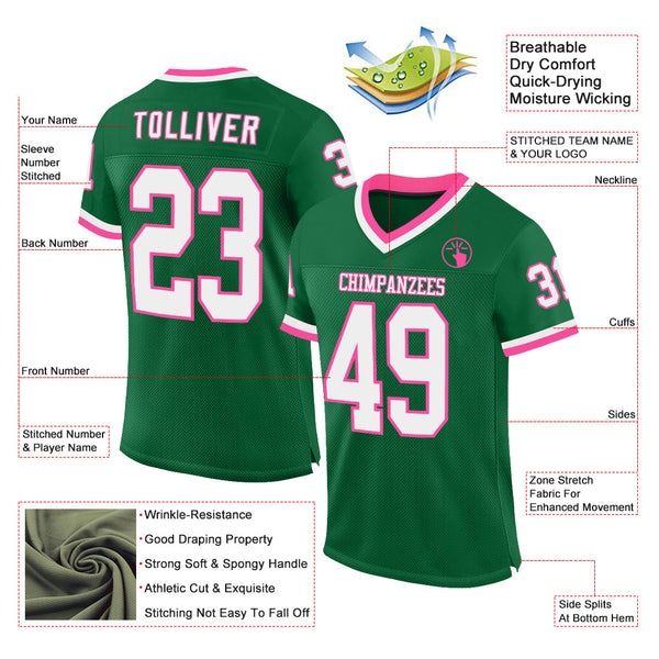 Custom Kelly Green White-Pink Mesh Authentic Throwback Football Jersey alternate