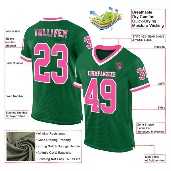 Custom Kelly Green Pink-White Mesh Authentic Throwback Football Jersey alternate