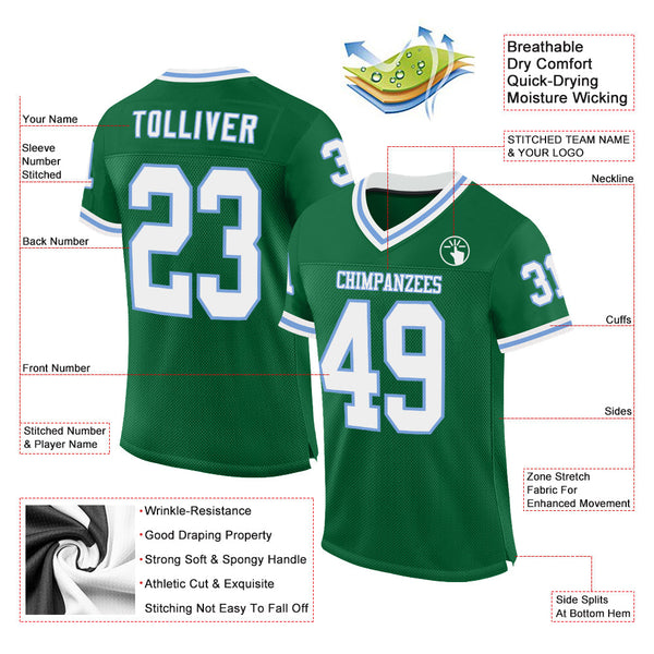 Custom Kelly Green White-Light Blue Mesh Authentic Throwback Football Jersey alternate