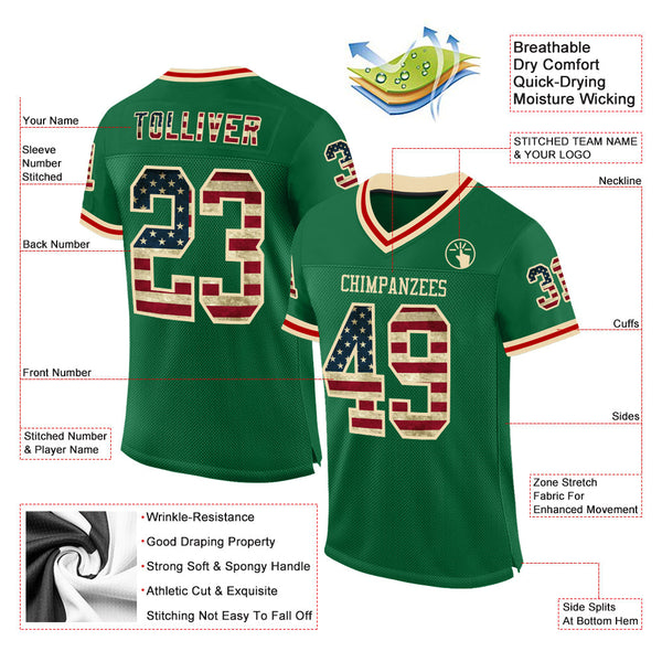 Custom Kelly Green Vintage USA Flag Cream-Red Mesh Authentic Throwback Football Jersey alternate
