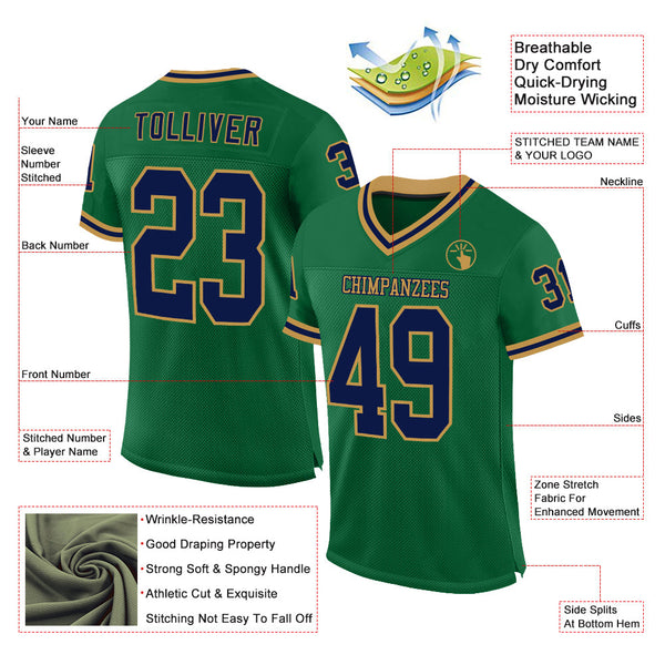 Custom Kelly Green Navy-Old Gold Mesh Authentic Throwback Football Jersey alternate
