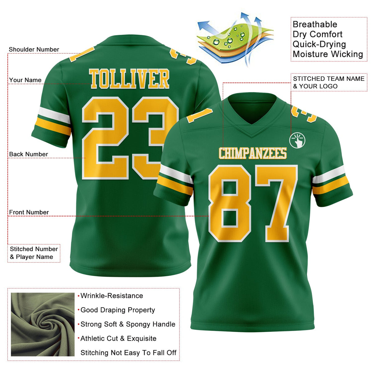 Custom Kelly Green Gold-White Authentic Football Jersey - Front