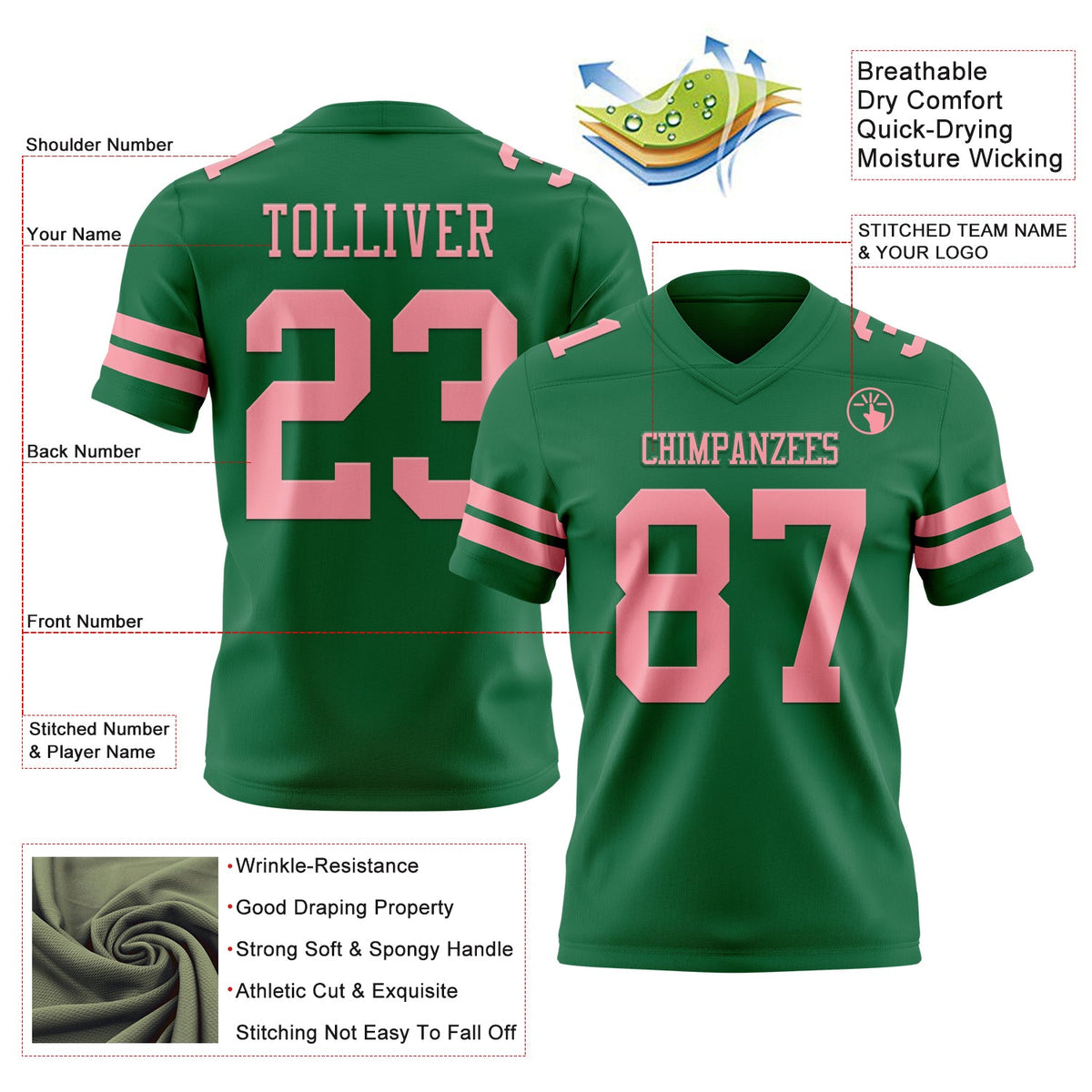 Custom Kelly Green Medium Pink Authentic Football Jersey - Front