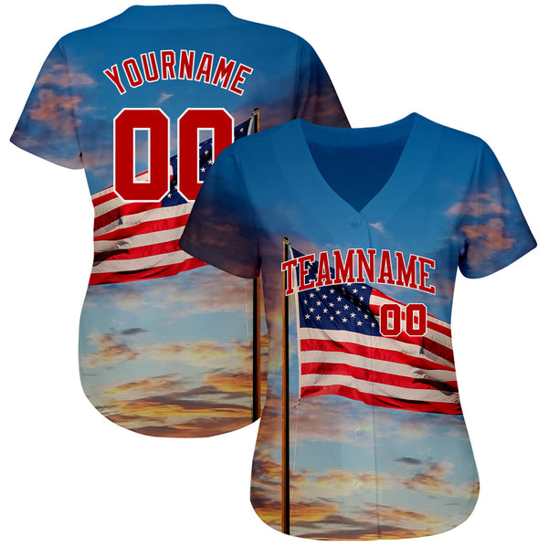 Custom Light Blue Red-White 3D American Flag Fashion Authentic Baseball Jersey alternate