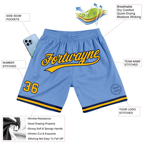 Custom Light Blue Gold-Navy Authentic Throwback Basketball Shorts alternate