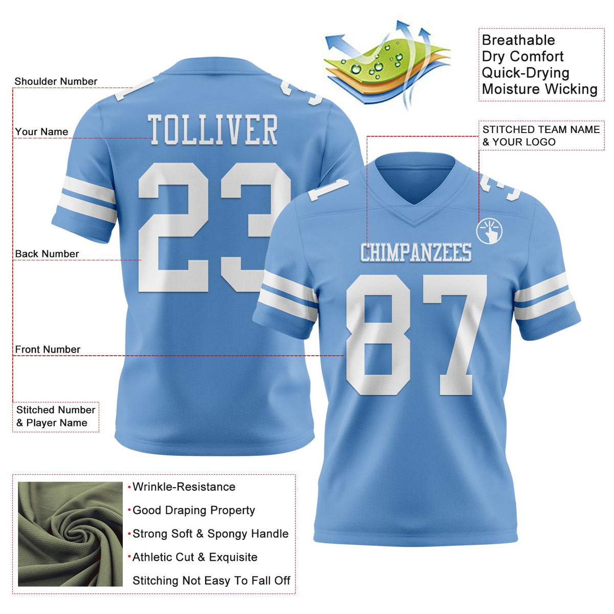 Custom Light Blue White Authentic Football Jersey - Front