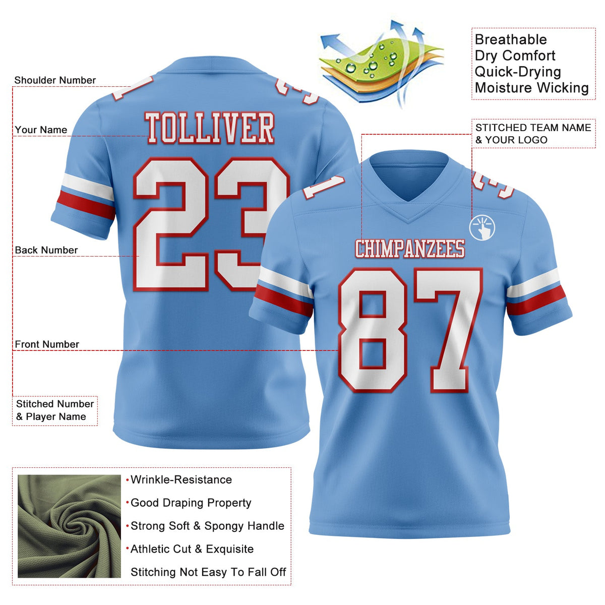 Custom Light Blue White-Red Authentic Football Jersey - Front