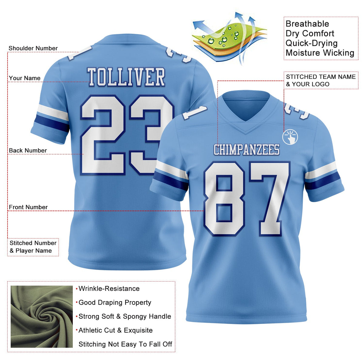 Custom Light Blue White-Royal Authentic Football Jersey - Front