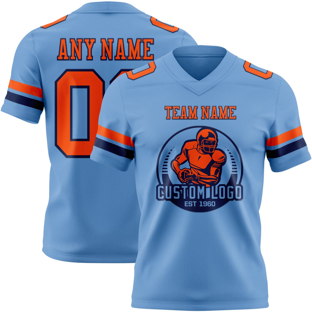 Custom Light Blue Orange-Navy Authentic Football Jersey - Back