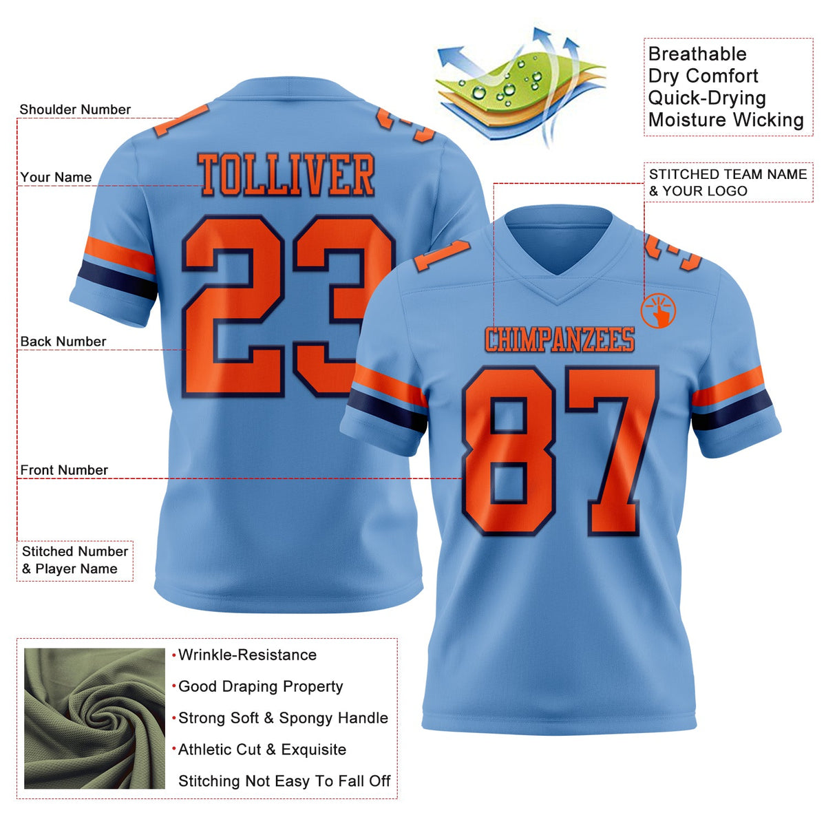 Custom Light Blue Orange-Navy Authentic Football Jersey - Front
