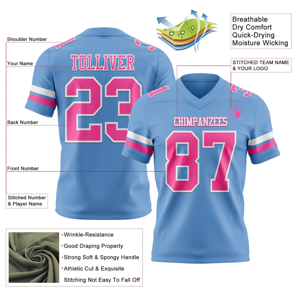 Custom Light Blue Pink-White Authentic Football Jersey - Front