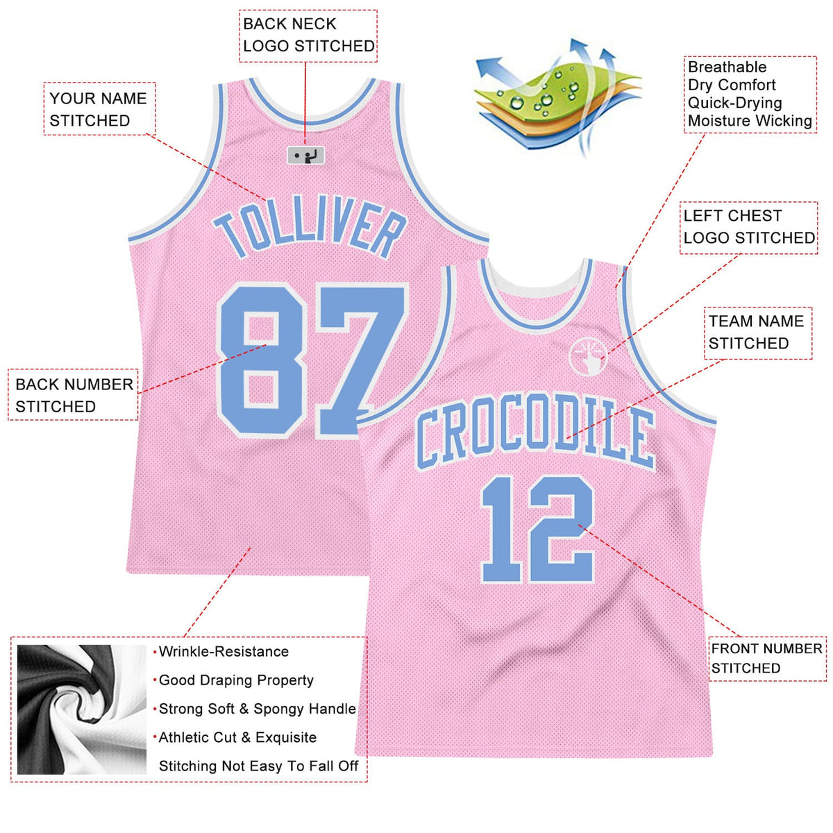 Custom Light Pink Light Blue-White Authentic Throwback Basketball Jersey - Back