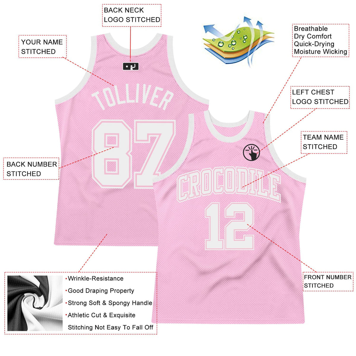 Custom Light Pink White Authentic Throwback Basketball Jersey - Front