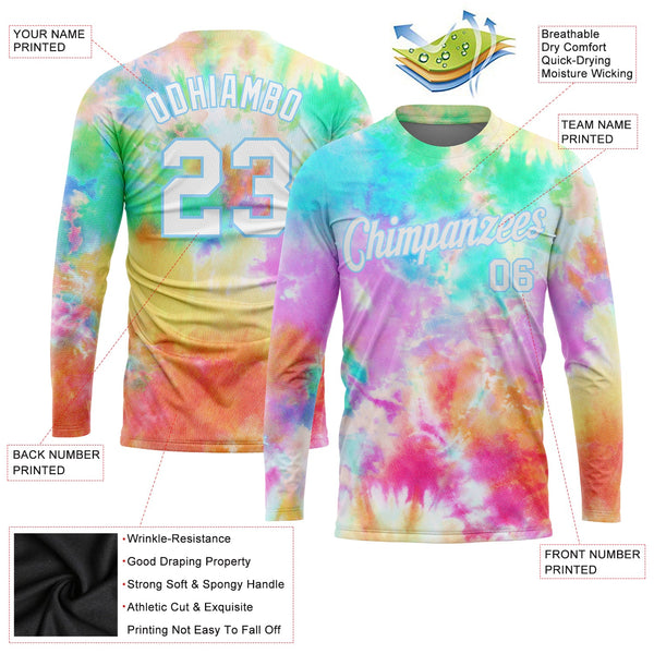 Custom Tie Dye White-Light Blue Rainbow 3D Long Sleeve Performance T-Shirt alternate