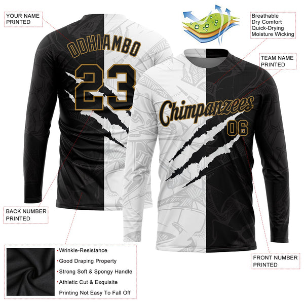 Custom Graffiti Pattern Black-Old Gold Scratch 3D Long Sleeve Performance T-Shirt alternate