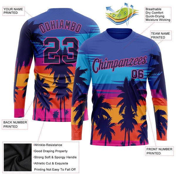 Custom Royal Navy-Pink Hawaii Palm Trees 3D Pattern Long Sleeve Performance T-Shirt alternate