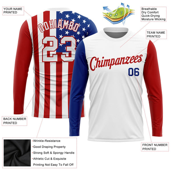 Custom White White Red-Royal American Flag Fashion 3D Long Sleeve Performance T-Shirt alternate