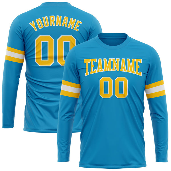 Custom Panther Blue Gold-White Long Sleeve Performance T-Shirt