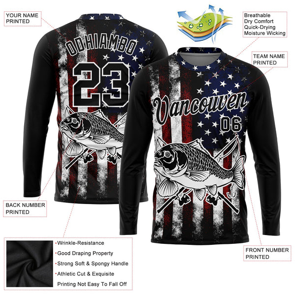 Custom Black Red-Royal 3D American Flag And Carp Fish Fishing Long Sleeve Performance T-Shirt alternate