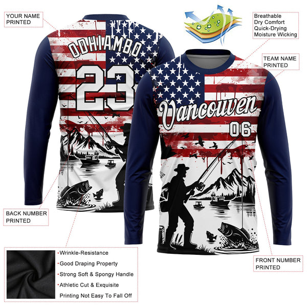 Custom Navy Black-Red 3D American Flag And Fish Fishing Long Sleeve Performance T-Shirt alternate