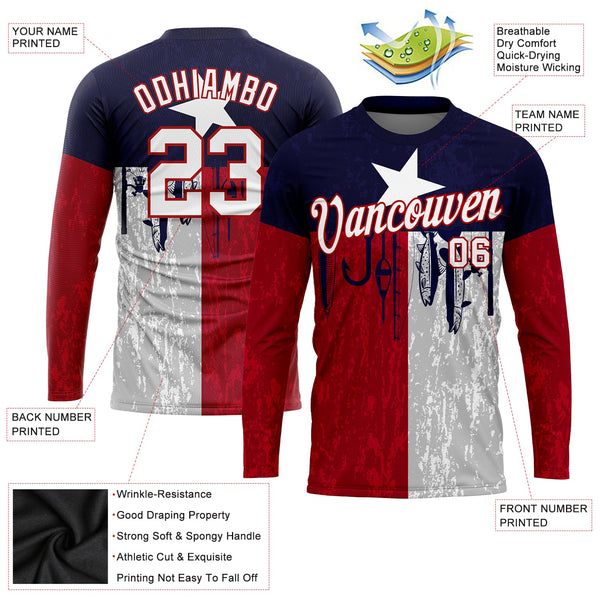 Custom Navy White-Red 3D Texas Flag And Fish Hook Fishing Long Sleeve Performance T-Shirt alternate