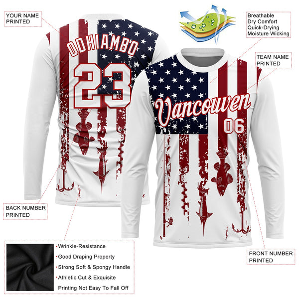 Custom White Red-Navy 3D American Flag And Fish Hook Fishing Long Sleeve Performance T-Shirt alternate