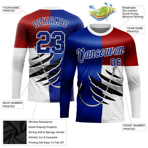 Custom Royal Red-White 3D Texas Flag And Fish Hook Fishing Long Sleeve Performance T-Shirt alternate