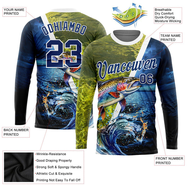 Custom US Navy Blue White 3D Rainbow Trout Fish Fishing Long Sleeve Performance T-Shirt alternate