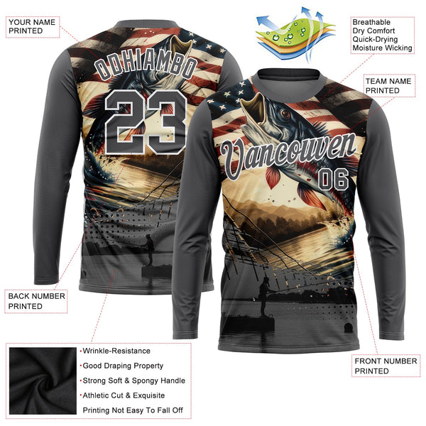 Custom Steel Gray White 3D American Flag And Fish Fishing Long Sleeve Performance T-Shirt alternate