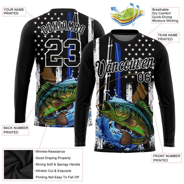 Custom Black White 3D American Flag And Fish Fishing Long Sleeve Performance T-Shirt alternate