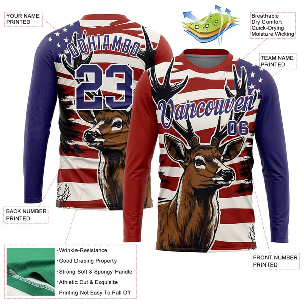 Custom Red Purple-White 3D Animal Deer Hunting American Flag Long Sleeve Performance T-Shirt alternate