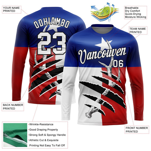 Custom Royal Red-Black 3D Animal Deer Hunting Texas Flag Long Sleeve Performance T-Shirt alternate