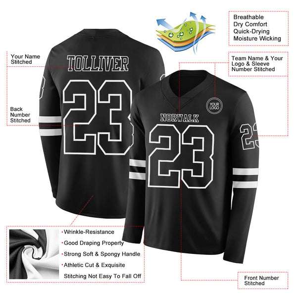 Custom Black White Long Sleeve Authentic Football Jersey alternate