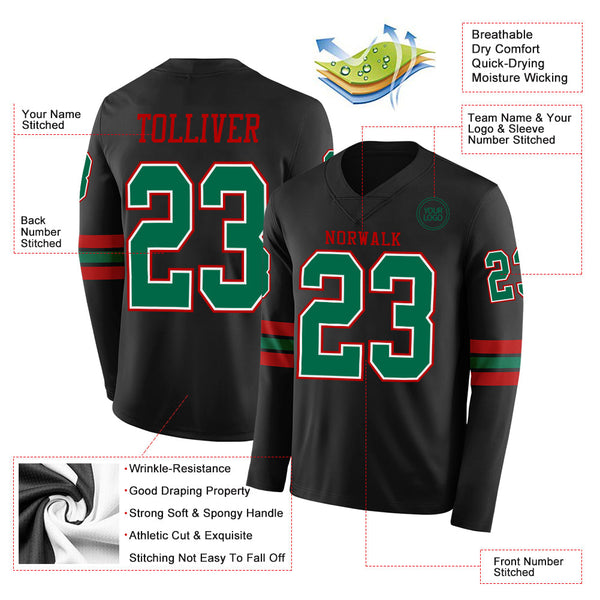 Custom Black Kelly Green White-Red Long Sleeve Authentic Football Jersey alternate