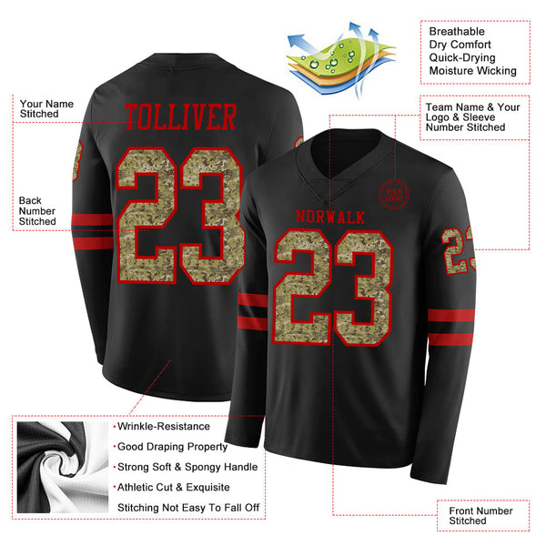 Custom Black Camo-Red Long Sleeve Authentic Football Jersey alternate