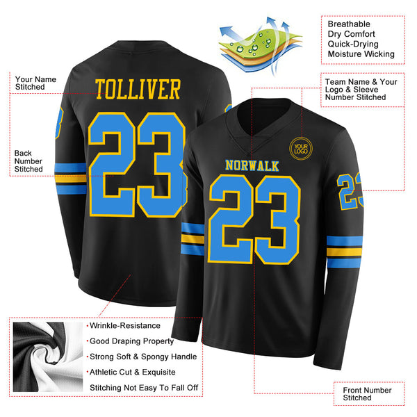 Custom Black Powder Blue-Yellow Long Sleeve Authentic Football Jersey alternate