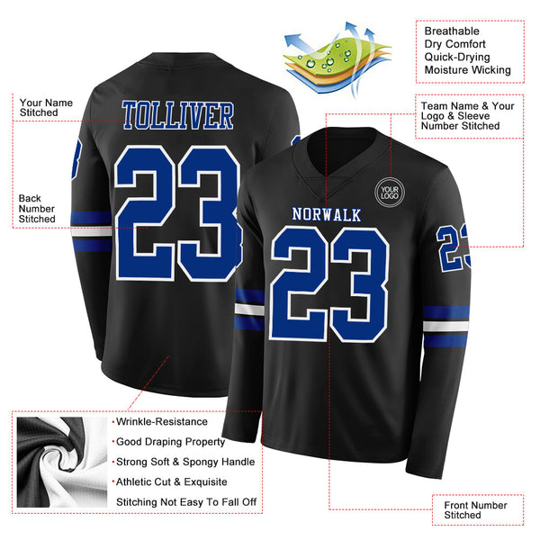 Custom Black Royal-White Long Sleeve Authentic Football Jersey alternate