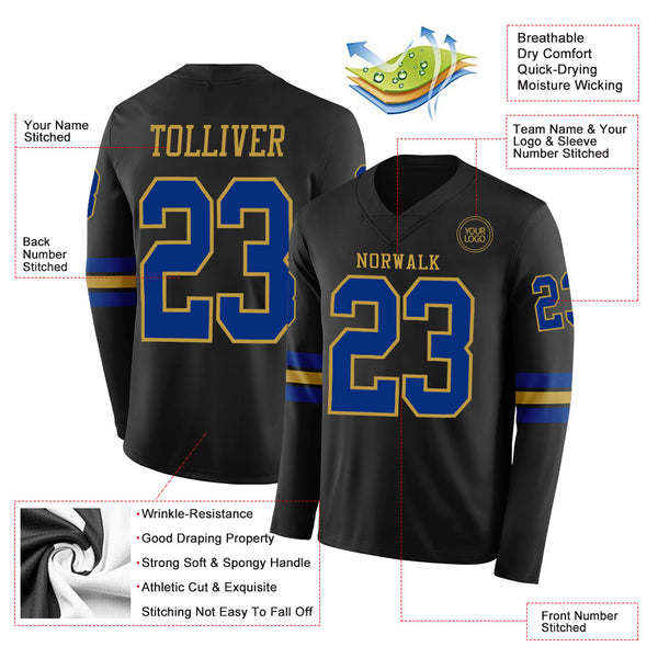 Custom Black Royal-Old Gold Long Sleeve Authentic Football Jersey alternate