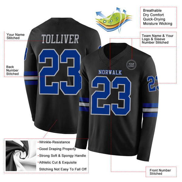 Custom Black Royal-Gray Long Sleeve Authentic Football Jersey alternate