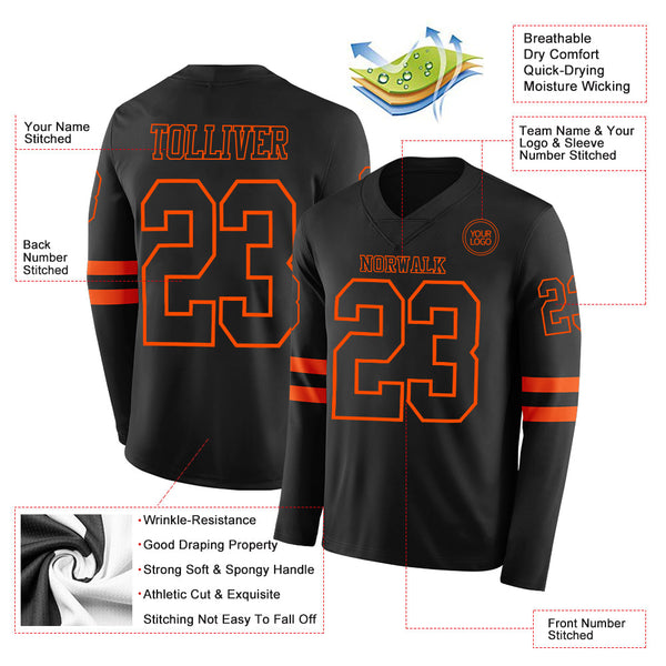 Custom Black Orange Long Sleeve Authentic Football Jersey alternate