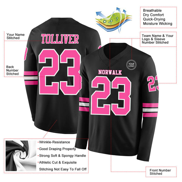 Custom Black Pink-White Long Sleeve Authentic Football Jersey alternate