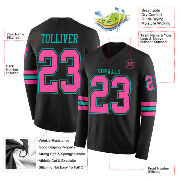 Custom Black Pink-Aqua Long Sleeve Authentic Football Jersey alternate